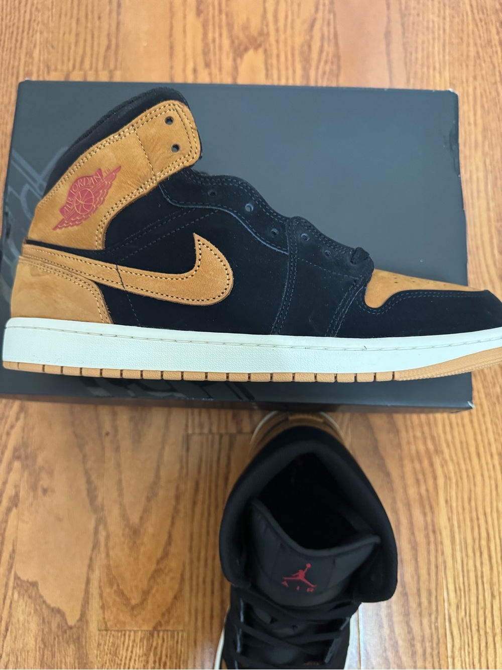 Jordan 1 Mid Men’s Sneakers - Black and Tan with Red Accent